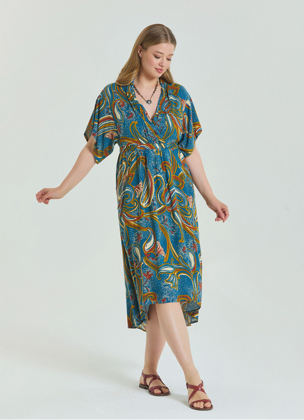 V Neck Gathered Detailed Petrol Floral Plus Size Dress 4604